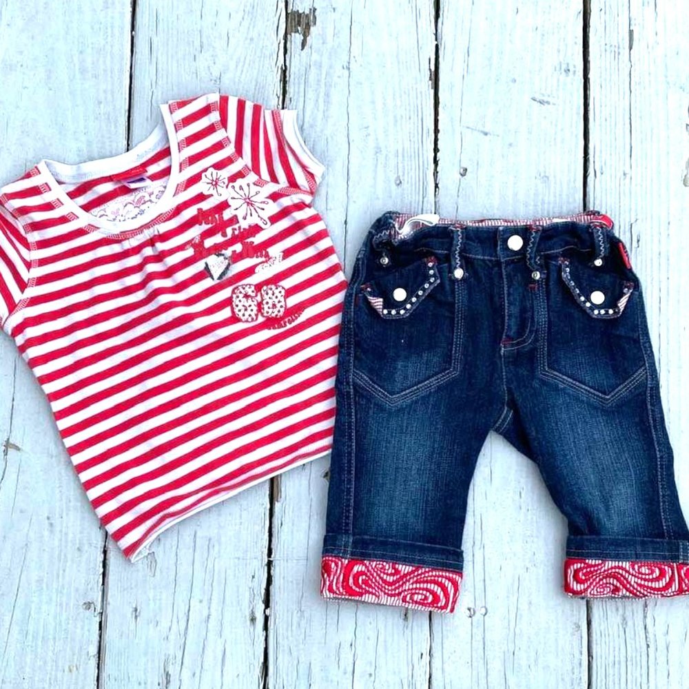 Pampolina Girls Boutique San Tropez Tee & Denim Capri Adjustable Waist  Bling